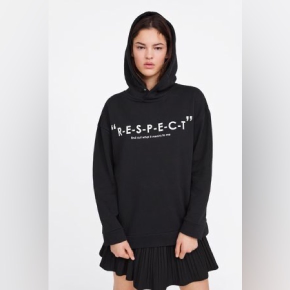 ZARA Aretha Franklin R-E-S-P-E-C-T Hoodie with Button Closure in Black - Picture 3 of 5